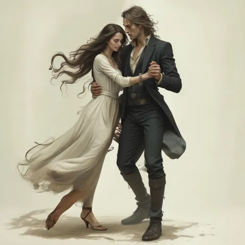 A women in a White dress Dancing with her husband in a black suit

,a woman and man dressed in medieval clothes,skywalkers,flightless bird,waltz,frasers,delaroche,garamantes