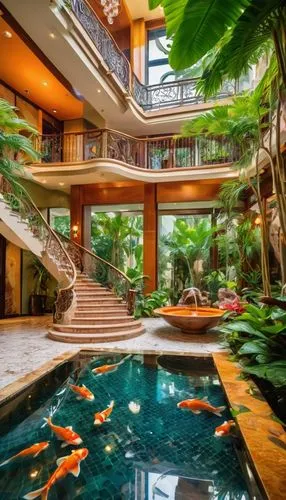 atriums,tropical jungle,tropical house,atrium,paradisus,florida home,tropics,luxury home interior,tropical island,crib,shangri,beautiful home,water stairs,pool house,luxury property,neotropical,hotel lobby,luxury home,amazonica,underwater oasis,Conceptual Art,Oil color,Oil Color 23