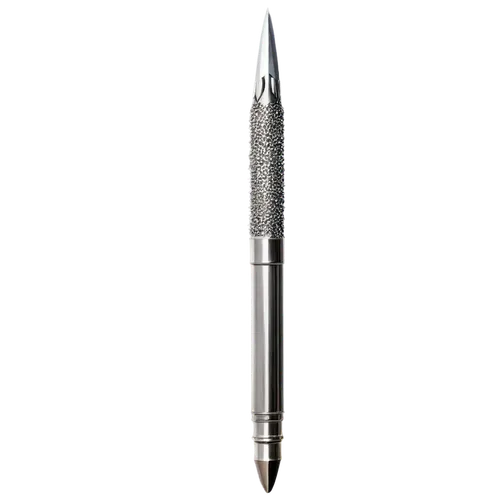 Spike, transparent background, solo, metallic material, silver color, sharp pointed tip, cylindrical body, detailed texture, reflective surface, 3/4 composition, dramatic lighting, cinematic angle, cl