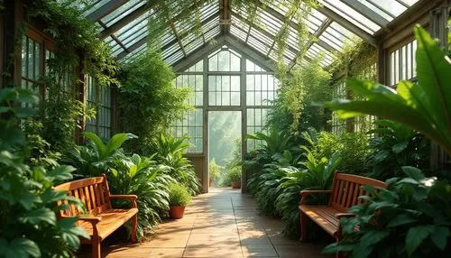 Natural ambiance, lush greenery, serene atmosphere, transparent glass roof, abundant natural light, flourishing plants, vines crawling up walls, wooden benches, warm earthy tones, soft diffused lighti