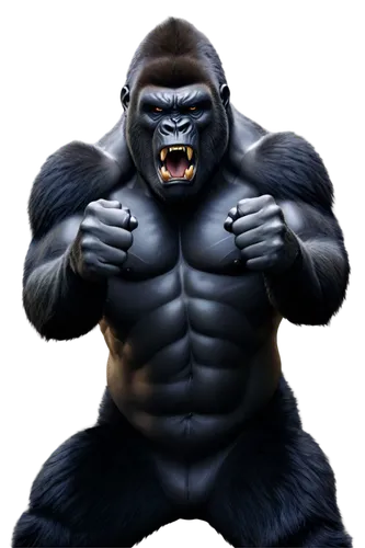 Gorilla, primal scream, loud roar, aggressive posture, muscular body, thick fur, fierce eyes, sharp teeth, mighty chest, powerful arms, clenched fists, dramatic lighting, close-up shot, shallow depth 