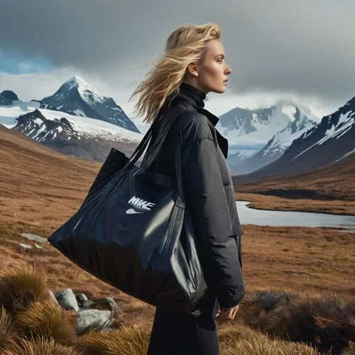 holding nylon bag, mcqueen black nylon bag, black nylon, black leather, athletic wear, hyperreal nike campaign, wilderness north face patagonia campaign, gucci campaign, dynamic posing, landscape in a