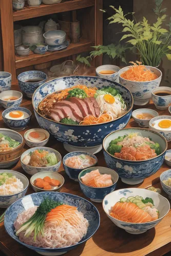 korean royal court cuisine,japanese cuisine,donburi,korean cuisine,okinawan cuisine,japanese food,korean chinese cuisine,izakaya,chankonabe,nabemono,japanese meal,udon,kaiseki,korean food,tonkatsu,bibimbap,naengmyeon,japanese noodles,hayashi rice,rice bowl,Illustration,Realistic Fantasy,Realistic Fantasy 05