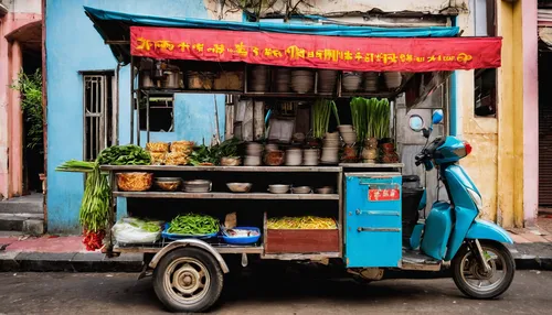 traditional Vietnamese food cart on street,greengrocer,hoian,hanoi,sugarcane juice,blue pushcart,fruit stand,vietnamese cuisine,indonesian street food,street food,tuk tuk,hoi an,flower cart,vendors,ri