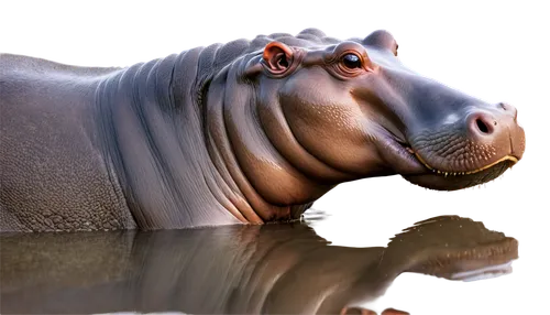 Hippo, side profile, semi-aquatic mammal, rounded body, short legs, webbed feet, smooth skin, grey and brown color, cute facial expression, small eyes, nostrils, mouth slightly open, gentle water ripp