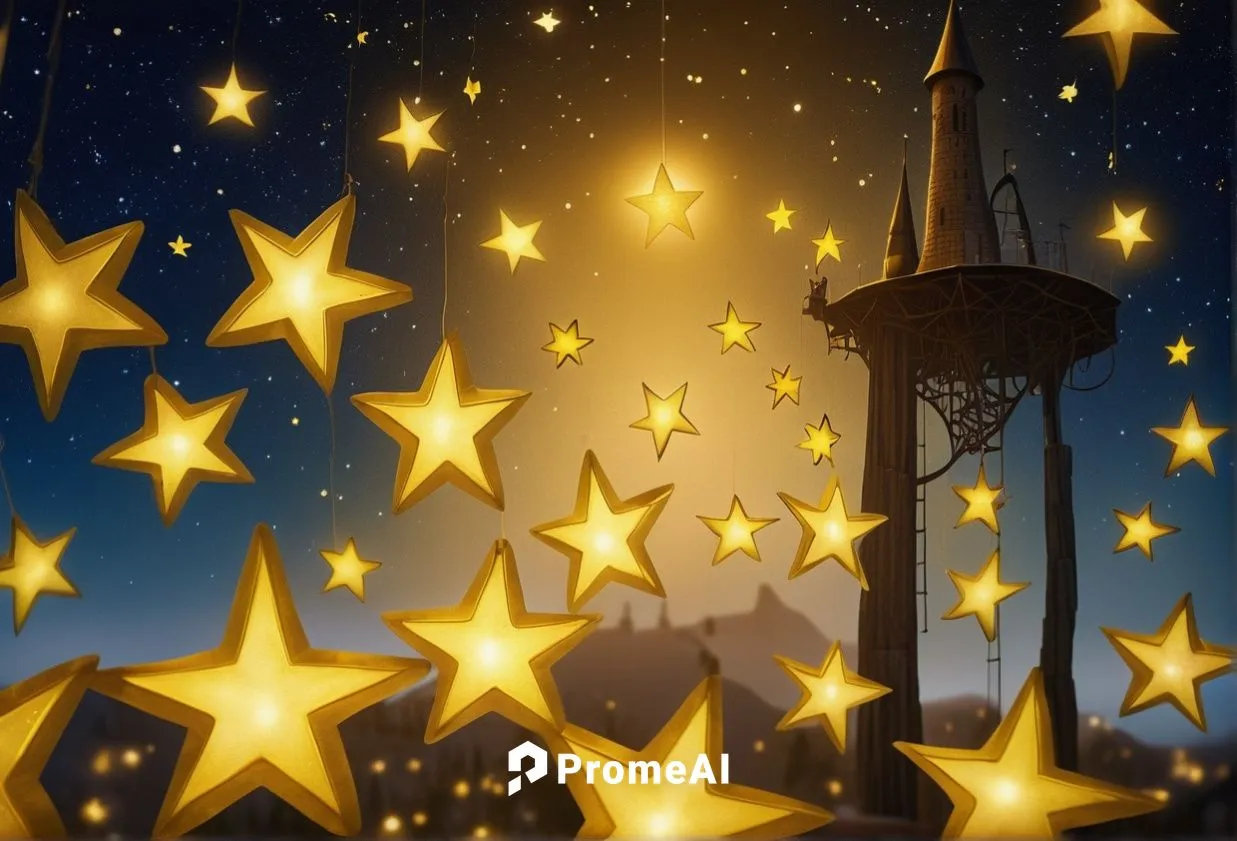 A black haired girl is jumping between the bright yellow smiling stars. Those stars are a foothpath to a Castle floating in the Sky. Background is a night Dark sky with far away stars and galaxies. Di