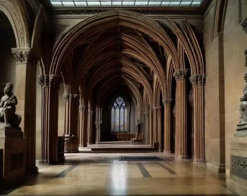 an empty cathedral with statues and a skylight,bodleian,transept,cloisters,maulbronn monastery,yale university,conciergerie