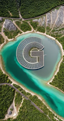 artificial island,stone quarry,open pit mining,hydropower plant,solar cell base,artificial islands,hydroelectricity,mining facility,diamond lagoon,salt evaporation pond,fish farm,quarry,water power,wastewater treatment,aquaculture,solar power plant,green island,the shrimp farm,floating production storage and offloading,water plant,Realistic,Landscapes,Serene