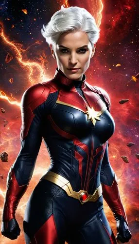 A realistic full-body portrayal of a female superhero inspired by the Phyla-Vell character with a red and black costume and white hair. She is depicted as a strong, athletic figure, symbolizing her po