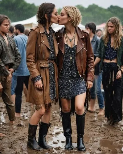 zwei hübsche frauen küssen sich,festivalgoers,girl kiss,barbour,wlw,graspop,sapphic,lesbos,music festival,lovebox,vintage girls,horsehide,kaylor,pinkpop,two girls,foxfield,marant,raincoats,oxegen,stud