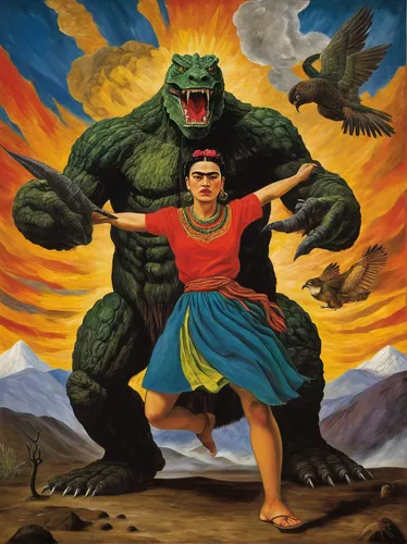 crocodile woman,marvel of peru,king kong,drago milenario,el salvador dali,strong woman,hulk,avenger hulk hero,iztlacihuatl,frida,angry man,kong,incredible hulk,strong women,ora,brahma,greek,vulkanerciyes,el golfo,kyrgyzstan som,Art,Artistic Painting,Artistic Painting 31