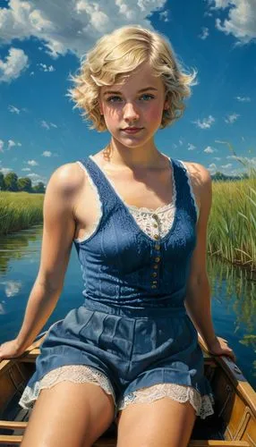 1920s young girl sitting in a rowing boat near the lakes edge. Looking straight at the camera. Short blonde hair in a college boy style. She is tanned and due to the 30c temperature, extremely hot. A 