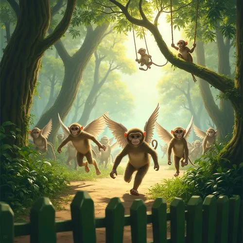 a group of monkeys with white feathers run through a lush jungle, their wings beating rapidly. Their movements are precise, yet they keep the activity running with precision. A green picket fence surr