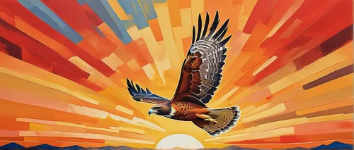 Write a poetic description of a majestic red-tailed hawk soaring over a golden sunset.,fish eagle,african fish eagle,travel poster,eagle illustration,indigenous painting,aztec gull,mountain hawk eagle