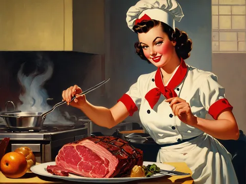 housewife,red cooking,cooking book cover,cookery,red meat,cuisine classique,homemaker,woman holding pie,southern cooking,girl in the kitchen,corned beef,chef,retro 1950's clip art,food and cooking,food preparation,domestic life,dryaged,braising,meat products,domestic,Illustration,Retro,Retro 10