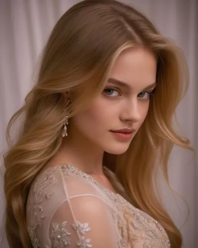 a woman wearing long, blonde hair is posing for a portrait,madeleine,bradbery,beautiful young woman,lopatkina,romantic look,manohara,Photography,General,Cinematic