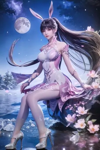 穿着银色水晶高跟鞋,a girl sitting on top of a roof in a purple dress,diaochan,japanese sakura background,kuanyin,ostara,estara,qixi