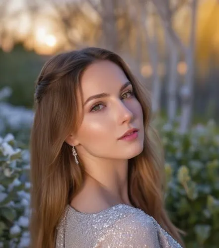 The middle half of a vibrant and radiant caucasian girl gazes out at the bright lights of Aspen in a breathtaking scene. She wears a beautiful silver dress that flows gently in the breeze, casting a w