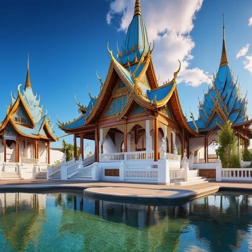 สร้างภาพเหมือนจริงกลางวันฟ้าสีครามคมชัดภาพถ่ายมืออาชีพ,buddhist temple complex thailand,thai temple,asian architecture,cambodia,grand palace,thailand,white temple,thai,southeast asia,thailad,chiang ma