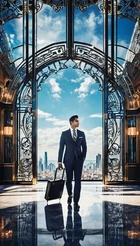 Modern skyscraper, futuristic design, sleek glass exterior, intricate metal structure, grand entrance, revolving door, marble floor, elegant chandelier, businessman, formal wear, black suit, white shi