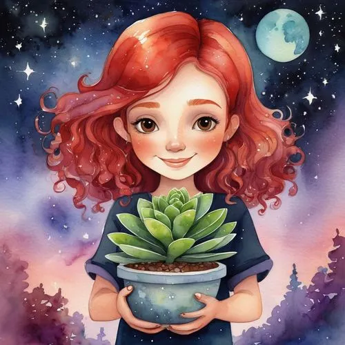 Watercolor cartoon girl with red hair smiling, holding a beautiful Crassula plant in a pot, in a galaxy shimmering detailed.,terrarium,merida,watermelon painting,strawberry plant,ponyo,ginger plant,su