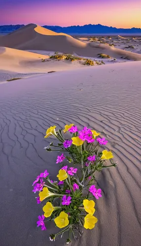 Sand Verbena Wildflowers Abronia villosa and Dune Evening Primrose oenothera deltoides flowers on Dumont Dunes in Mojave Desert, California, USA,flowerful desert,desert flower,flower in sunset,desert 