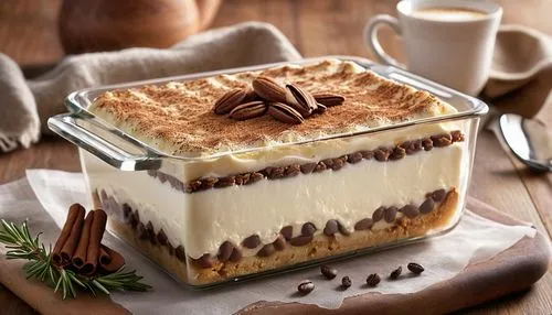 tiramisu,baked alaska,tres leches cake,zuppa inglese,banoffee pie,french silk,butter pie,banana cream pie,semifreddo,white chocolate mousse,yule log,trifle,turrón,ice cream cake with chocolate sauce,christmas pastry,queen of puddings,nut-nougat cream,pannacotta,pastitsio,cream cheese cake,Photography,General,Realistic