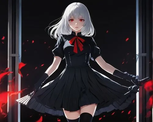 anime girl, white hair, long straight hair, red eyes, bright red iris, pale skin, delicate facial features, small nose, thin lips, slender neck, shoulders back, chest forward, hourglass figure, tight-