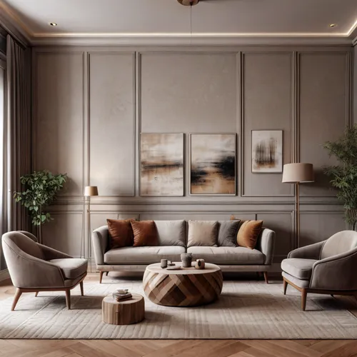 Living room with a velvet beige sofa and 4 brown, gray and beige cushions on both sides mouse gray armchairs with wooden legs on a beige gray chamois carpet on a wooden parquet floor. Between the couc