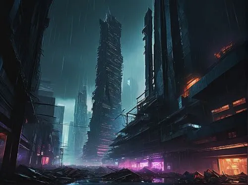 cyberpunk,cybercity,cityscape,bladerunner,dystopian,futuristic landscape,metropolis,cybertown,destroyed city,dystopias,cyberia,dystopia,cyberport,cyberscene,city at night,microdistrict,postapocalyptic,urban,kaidan,slum,Illustration,Realistic Fantasy,Realistic Fantasy 29