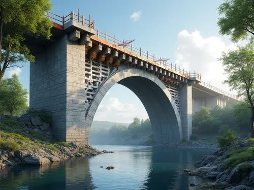 Bridge construction site, daytime, clear sky, sunny weather, masonry material, granite blocks, rough texture, grey color, arch-shaped bridge, robust pillars, steel reinforcement, concrete foundation, 