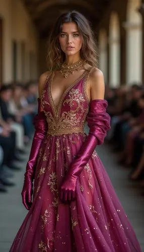 adult teen wear greek long elegant glamour glitter dress with gold embroidery  and  long glitter magenta  leather gloves extend to the sleeves and  thigh high magenta boots matching (elegant). parade 