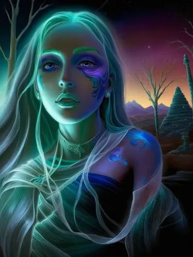 a girl with white hair wearing a dress and face paint,bioluminescent,neon body painting,blue enchantress,fantasy art,inanna,faerie,Illustration,Realistic Fantasy,Realistic Fantasy 25