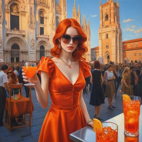 a woman holding a glass while wearing a hat and sunglasses,aperol,campari,aperitif,giovino,bellini,spritz,Illustration,Realistic Fantasy,Realistic Fantasy 03