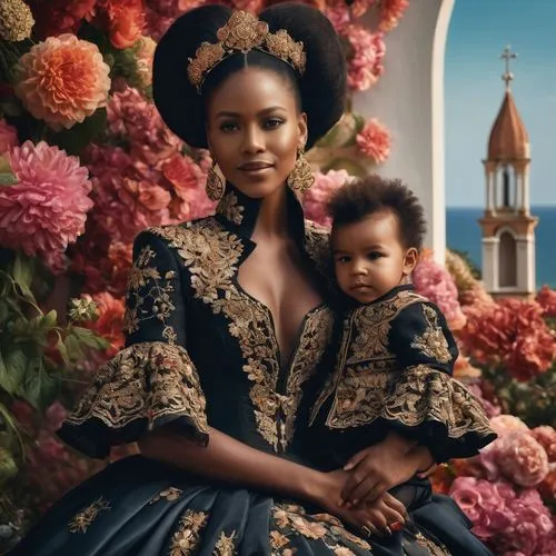 
CUERPO ENTERO desde la cabeza hasta los pies,centrado en el lienzo, Madre joven, piel morena, acunando a su hijo, sonrisas calentadas por la suave luz del sol, vestido tradicional venezolana, rodeada