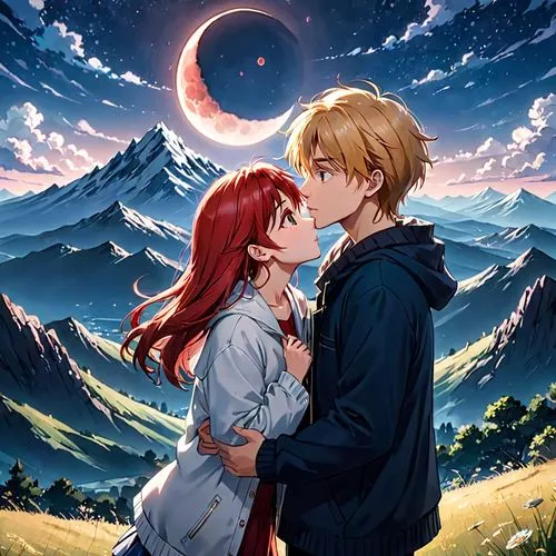 the moon and the stars,moon and star background,moon and star,twiliight,sun and moon,eclipse,stars and moon,moonrise,red-haired,lunar eclipse,romantic scene,starry sky,moon night,hanging moon,blood moon,moonlit night,the moon,moonlit,blood moon eclipse,moonlight,Anime,Anime,Realistic