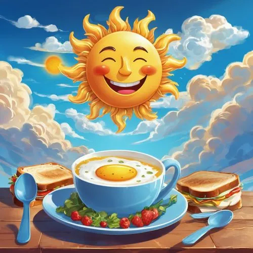 smiling sun, breakfast, sandwiches, beautiful cloud in the form of a mug with a spoon on the table on the background of blue sky,egg sunny-side up,sunny-side-up,sunny side up,egg sunny side up,sunburs