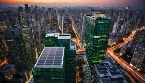 Modern skyscraper, sleek lines, glass curtain wall, metallic frame, minimalist design, urban atmosphere, cityscape, bustling streets, busy intersection, contemporary architecture, green roof, solar pa