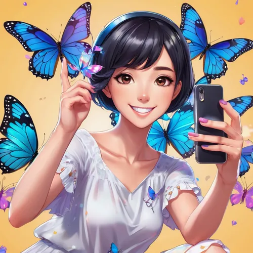 Cute adorable black short hair woman, butterfly sitting, taking a selfie, smiling, (full body),butterfly background,vanessa (butterfly),butterfly vector,butterflies,blue butterflies,butterfly floral,j