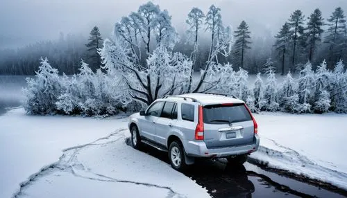 Gray SUV car, winter snow scene, digital fantasy landscape, ice cracks and tree branches, endless snow field, deep forest, crystal core, lake mirror, tire scratches, minimalism, long distance perspect