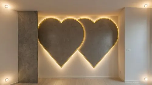 Convert this layout into a gypsum room decor with hidden lighting,two large hearts in a modern apartment setting,wall lamp,wall light,heart shape frame,valentine's day décor,neon valentine hearts,hear