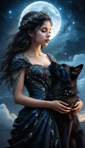 fantasy picture,black shepherd,fantasy art,girl with dog,blue moon rose,constellation wolf,fairy tale character,fairy tale,faery,howling wolf,fairy tales,a fairy tale,schipperke,fantasy portrait,faerie,dog and cat,cat lovers,children's fairy tale,mystical portrait of a girl,moonlit night,Conceptual Art,Fantasy,Fantasy 11