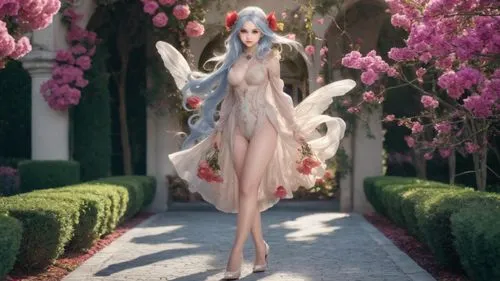 a woman in white dress and wings walks through a flower covered walkway,adere,flower fairy,garden fairy,fairy queen,titania,sona