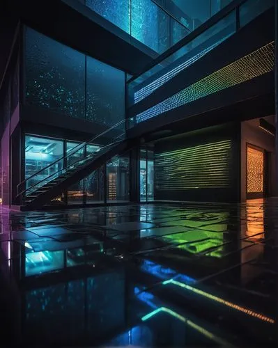 aqua studio,glass wall,vdara,glass blocks,poolroom,futuristic art museum,glass facade,glass building,plexiglass,aquarium,glass facades,ambient lights,glass tiles,colored lights,hypermodern,swimming pool,fesci,glass series,dichroic,glass window,Illustration,Realistic Fantasy,Realistic Fantasy 45