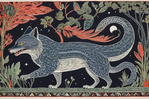 Discover the hidden realms and mythical creatures in the world.,canidae,tapestry,garden-fox tail,constellation wolf,chinese imperial dog,kitsune,howling wolf,gray wolf,canis lupus,a fox,canis panther,