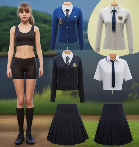 Paper doll British school girl in black sleeveless shirt ,black tight fit spandex shorts with black sock and black shoe standing surrounded by with a set of british school uniform, shirt, grey pleated