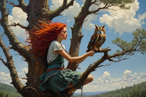 girl with tree,treeing feist,dryad,fantasy art,the girl next to the tree,fantasy picture,rowan-tree,irish setter,druid,owl nature,gryphon,mountain spirit,rowan tree,world digital painting,fantasy portrait,tree top,little girl in wind,falconer,merida,arborist,Conceptual Art,Fantasy,Fantasy 15