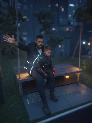 the man is carrying a child sitting on the bench,kaidan,markus,civilian,levski,scampia,man on a bench,Photography,General,Sci-Fi