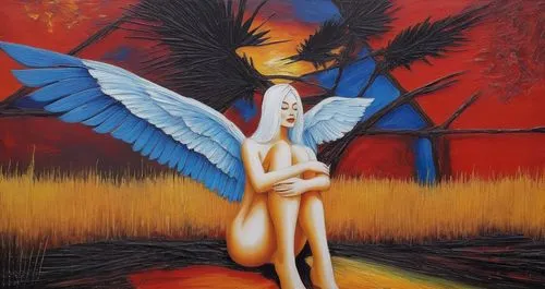 Passion Sexy Painting ,Naked Woman  Abstract Body Art Oil Painting,a painting depicting a  woman with two angel wings,cherubim,the angel with the cross,phenix,lachapelle,seraphim,fire angel,uriel,the 