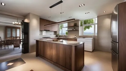 Inside a sleek and modern kitchen, a marble countertop made entirely of rich mahogany wood sits in the center of a wooden table. The wooden grain glistens, showcasing the warmth of the sun. Tears stre